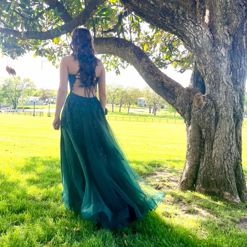 Dark Green Lace Prom Dress by La Femme - Picture 3 of 4